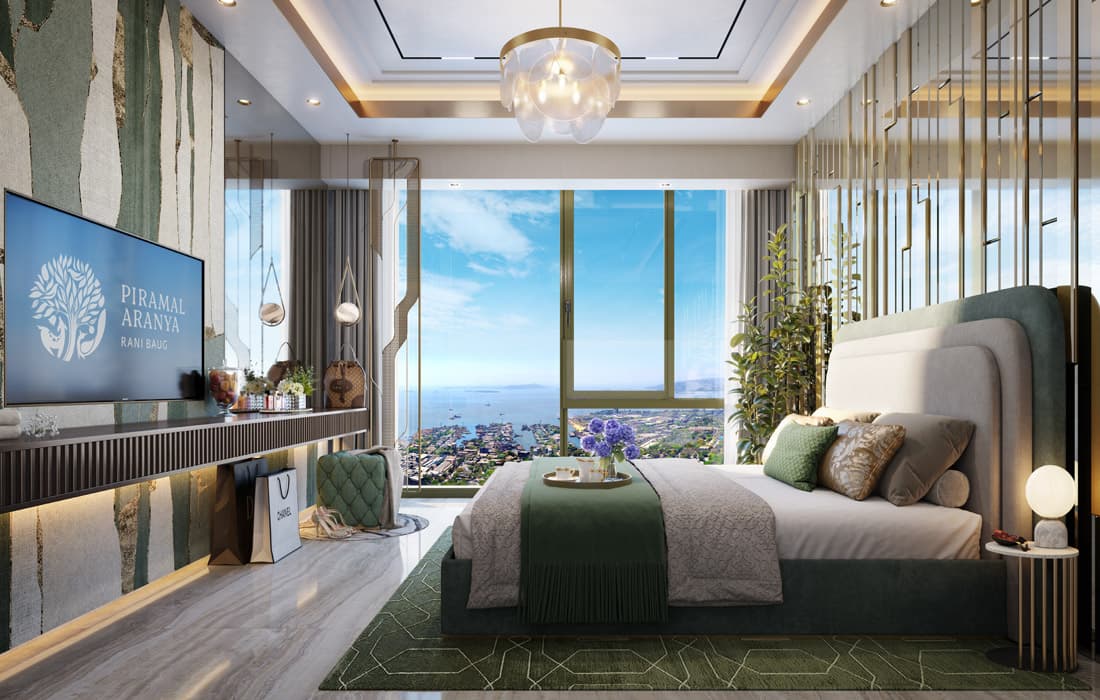 Piramal Aranya's interior showcases a luxurious bedroom with a stunning view facing the harbor, embodying luxury apartments in Byculla.