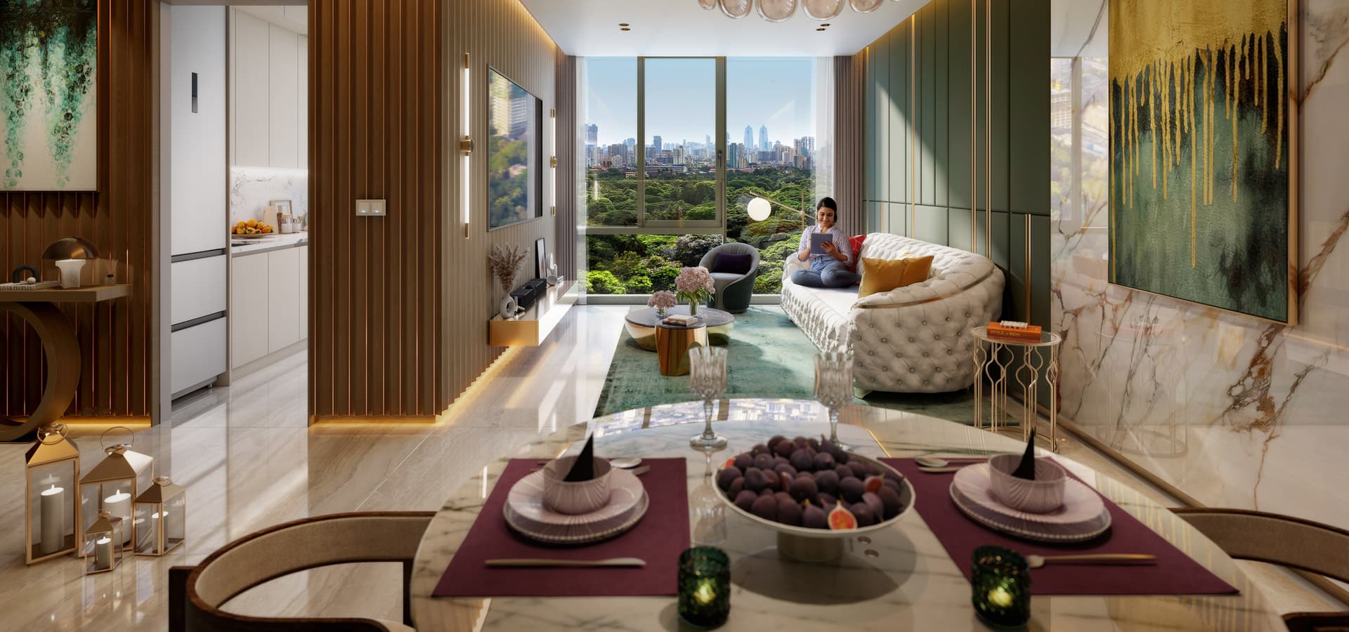 Piramal Realty's interior offers a living room with a picturesque view facing Rani Baug, exemplifying luxury apartments in Byculla.