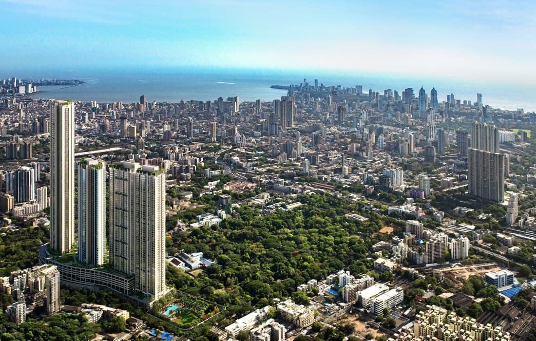 Piramal Aranya's exterior showcases a stunning day elevation view from the luxurious apartments