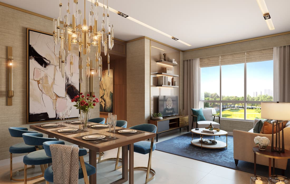 Interior view of the living room in a Piramal Vaikunth apartment